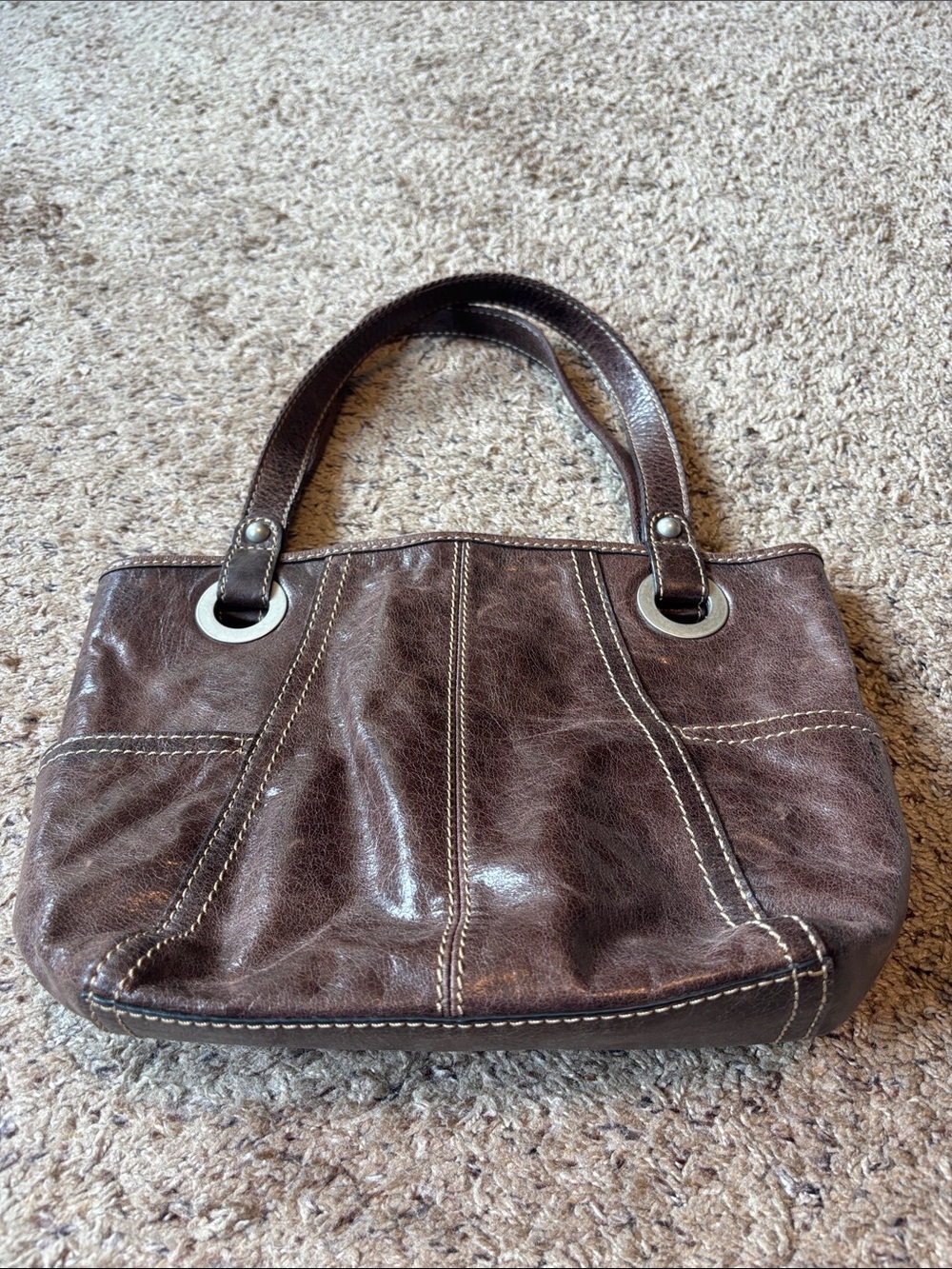 Fossil Dark Brown Leather Shoulder Bag with Silver Grommets